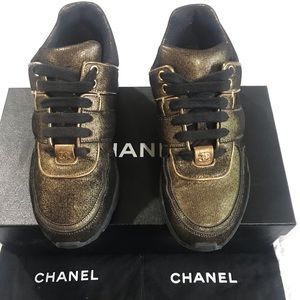 Authentic CHANEL Metallic Gold and Black Sneakers😍
